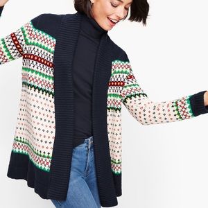 Talbots Fair Isle Shawl Collar Open Cardigan Size M Cabincore Holiday Chic